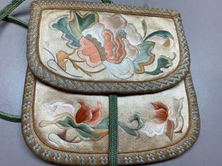 ANTIQUE CHINESE EMBROIDERED 2 - SIDED SILK EMBROIDERED PURSE 3 Pockets 5