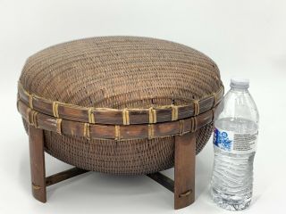 Old Chinese Woven Wicker/bamboo Lidded & Footed Basket 16” Diameter By 9” High