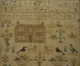 MID 19TH CENTURY HOUSE,  MOTIF & ALPHABET SAMPLER BY ANN SPOLDING AGED 17 - 1861 10