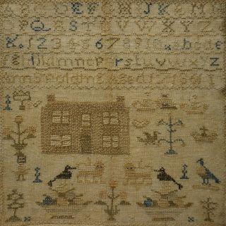 MID 19TH CENTURY HOUSE,  MOTIF & ALPHABET SAMPLER BY ANN SPOLDING AGED 17 - 1861 11