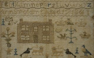 MID 19TH CENTURY HOUSE,  MOTIF & ALPHABET SAMPLER BY ANN SPOLDING AGED 17 - 1861 8