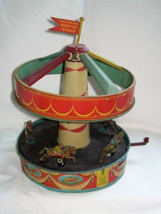 Rare Open Canopy Wolverine " Merry - Go - Round " Tin Litho Clockwork Toy - C.  1930 