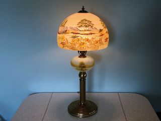 Vintage Reverse Painted Glass Table Lamp W Dome Shade & Obverse Font Antique