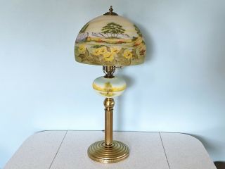 Vintage Reverse Painted Glass Table Lamp w Dome Shade & Obverse Font Antique 2