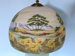 Vintage Reverse Painted Glass Table Lamp w Dome Shade & Obverse Font Antique 3