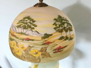 Vintage Reverse Painted Glass Table Lamp w Dome Shade & Obverse Font Antique 5
