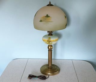 Vintage Reverse Painted Glass Table Lamp w Dome Shade & Obverse Font Antique 8