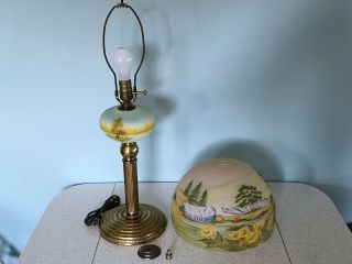 Vintage Reverse Painted Glass Table Lamp w Dome Shade & Obverse Font Antique 9