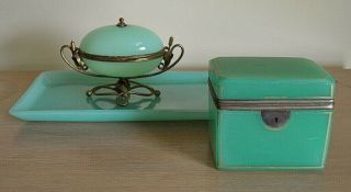 French Art Nouveau Casket or Jewelry Box; Rare Green Opaline with Gilt Ormolu 6