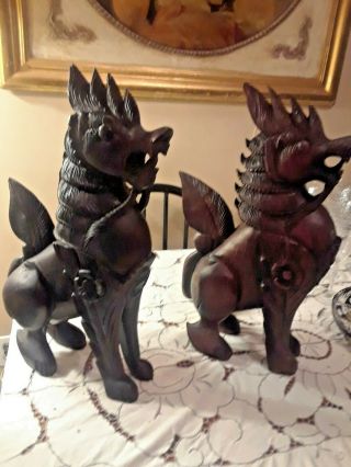 Pair Tall Antique Hand Carved Solid Dark Wood Foo Dog Chinese Asian Sculptures