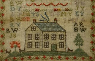 MID 19TH CENTURY HOUSE,  MOTIF & ALPHABET SAMPLER BY ANN WILSON AGED 13 - 1864 10