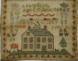 MID 19TH CENTURY HOUSE,  MOTIF & ALPHABET SAMPLER BY ANN WILSON AGED 13 - 1864 3