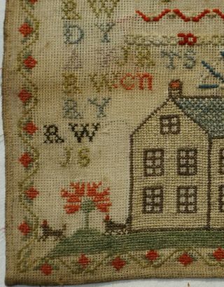 MID 19TH CENTURY HOUSE,  MOTIF & ALPHABET SAMPLER BY ANN WILSON AGED 13 - 1864 6