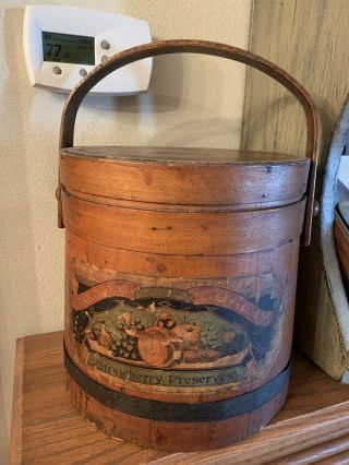Antique Wood Firkin Sugar Bucket Primitive Wooden Handle W/lid & Label