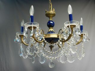 Antique Brass And Crystal Empire Chandelier 6 Lights,  Royal Blue.
