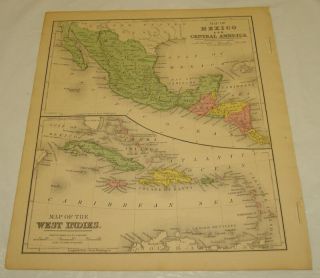 1871 Warren Antique Map/mexico,  Central America,  West Indies/hand - Colored