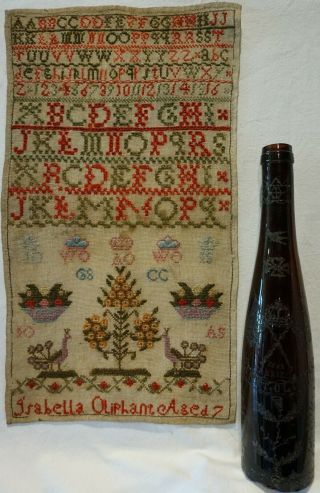 Early 19th Century Sampler By Isabella Oliphant C.  1840 & Engraved Bottle - 1888