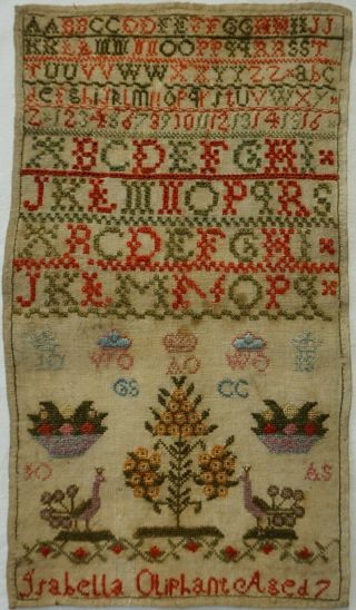 EARLY 19TH CENTURY SAMPLER BY ISABELLA OLIPHANT c.  1840 & ENGRAVED BOTTLE - 1888 2