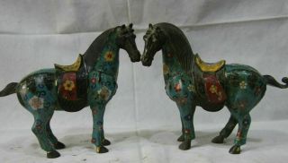 A Pair 9 " China Bronze Wire Inlay Cloisonne Enamel Flower Lucky Horse Statue