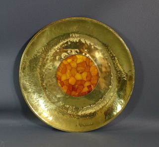 Arts&crafts German Kramer Hammered Brass Butterscotch Amber Wall Plate 24k Gild