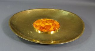 Arts&Crafts German Kramer Hammered Brass Butterscotch Amber Wall Plate 24K gild 4