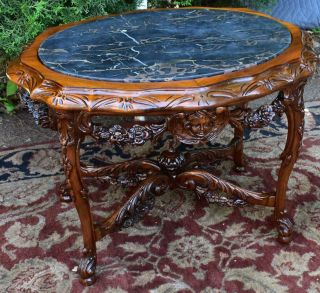 1910s Antique French Carved Walnut & Black Marble Top Coffee Table / Side Table