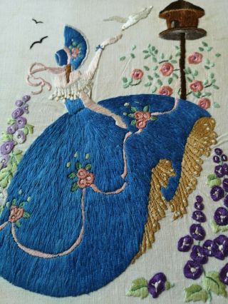 VINTAGE EMBROIDERED CRINOLINE LADY DOVECOTE GARDEN DETAILED FLORAL PANEL 11