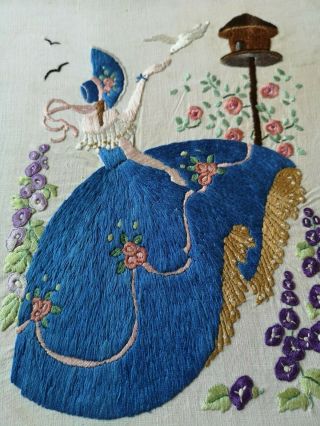 VINTAGE EMBROIDERED CRINOLINE LADY DOVECOTE GARDEN DETAILED FLORAL PANEL 12