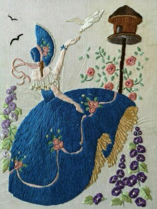 Vintage Embroidered Crinoline Lady Dovecote Garden Detailed Floral Panel