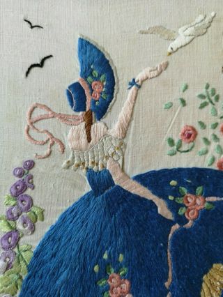 VINTAGE EMBROIDERED CRINOLINE LADY DOVECOTE GARDEN DETAILED FLORAL PANEL 2