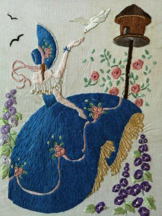 VINTAGE EMBROIDERED CRINOLINE LADY DOVECOTE GARDEN DETAILED FLORAL PANEL 7