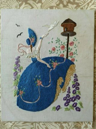 VINTAGE EMBROIDERED CRINOLINE LADY DOVECOTE GARDEN DETAILED FLORAL PANEL 9