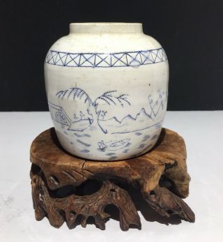 Ming - Qing Dynasty Antique Chinese Blue & White Painted Landscape Ginger Jar