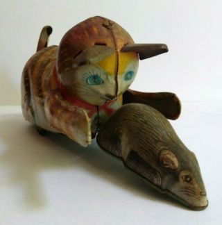 Vintage Japan Tin Cat Chasing Mouse On Wheels Friction Toy