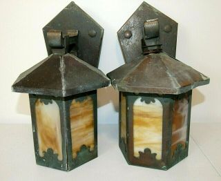 Pair Antique/vintage Copper Arts & Crafts Outdoor Porch Wall Lights W/slag Glass