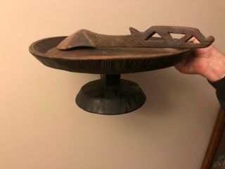 Vintage Hand - Carved Ethiopian Wooden Pedestal Serving Tray with Ladle RARE 11
