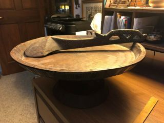 Vintage Hand - Carved Ethiopian Wooden Pedestal Serving Tray With Ladle Rare