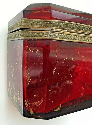 Antique Moser?19thC Beveled Ruby Red Bohemian Glass Box Bronze Mounts Gold 10