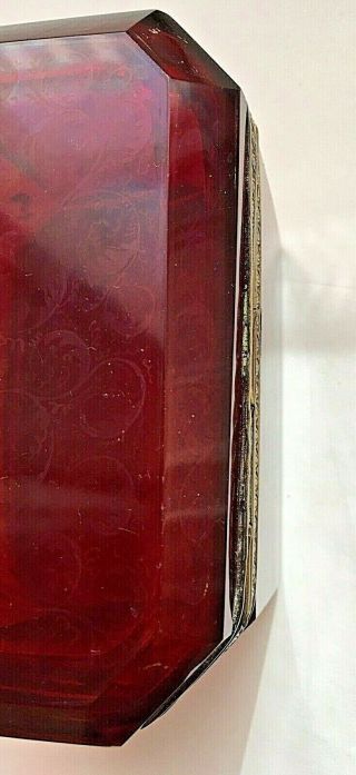 Antique Moser?19thC Beveled Ruby Red Bohemian Glass Box Bronze Mounts Gold 11
