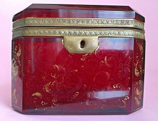 Antique Moser?19thc Beveled Ruby Red Bohemian Glass Box Bronze Mounts Gold