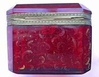 Antique Moser?19thC Beveled Ruby Red Bohemian Glass Box Bronze Mounts Gold 2