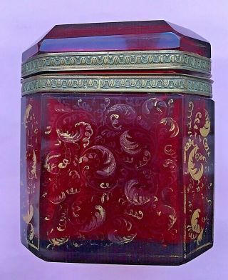 Antique Moser?19thC Beveled Ruby Red Bohemian Glass Box Bronze Mounts Gold 3