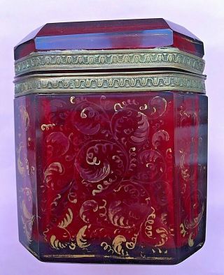 Antique Moser?19thC Beveled Ruby Red Bohemian Glass Box Bronze Mounts Gold 4