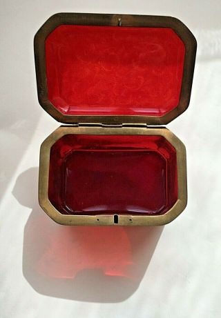 Antique Moser?19thC Beveled Ruby Red Bohemian Glass Box Bronze Mounts Gold 5
