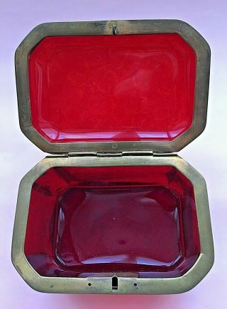Antique Moser?19thC Beveled Ruby Red Bohemian Glass Box Bronze Mounts Gold 6