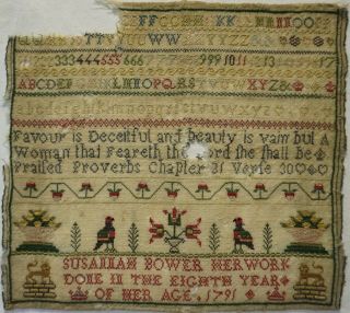 Late 18th Century Motif & Quotation Sampler By Susannah Bower Aged 8 - 1791