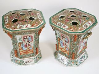 Pair Fine Chinese Rose Medallion Canton Porcelain Bough Pots