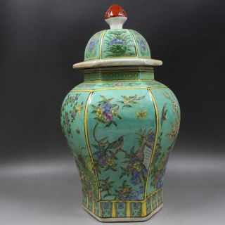 Fine Chinese Antique Famille Rose Porcelain Flowers Bird Hat - Covered Jar