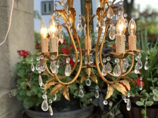 Gold Gilt Tole Hollywood Regency Metal Leaf Chandelier & Prisms