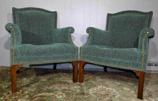 John Widdicomb Co.  Upholstered Arm Chairs Nailhead Trim Chippendale Legs